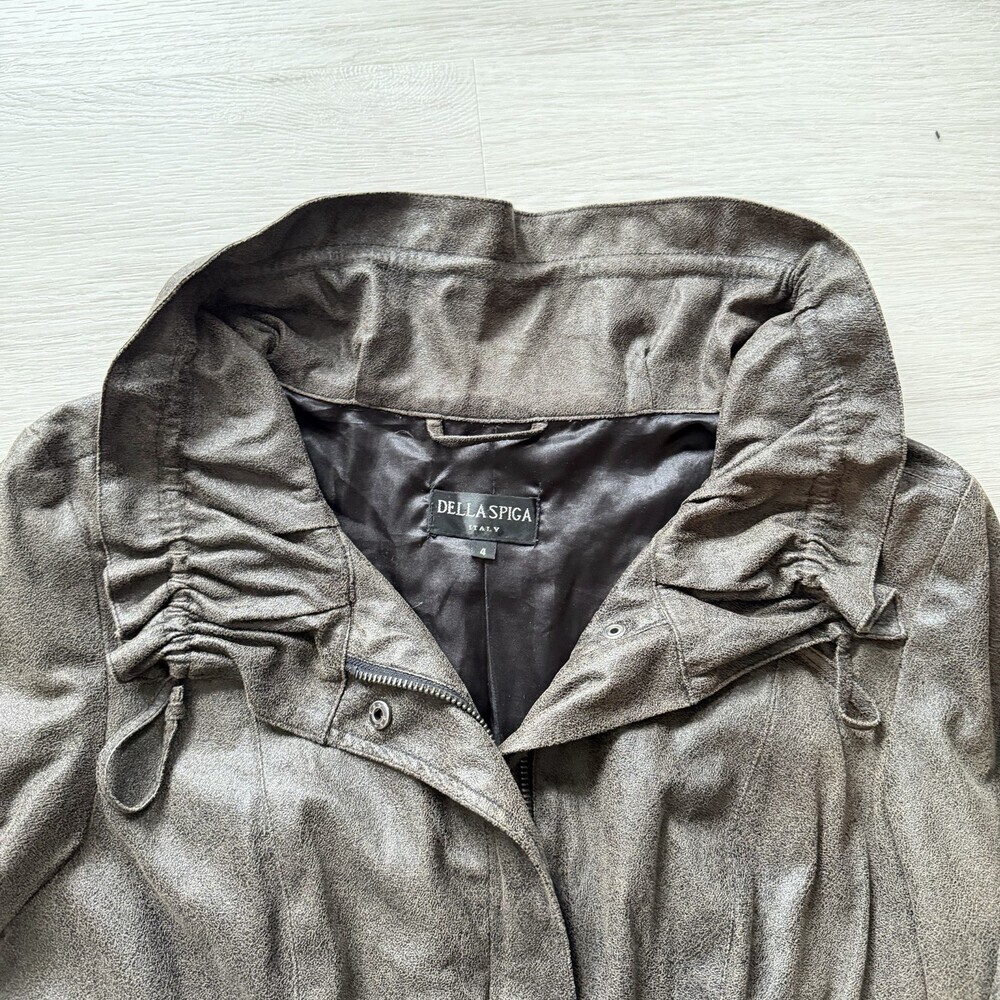 Della Spiga Italy Faux Leather Utility Jacket Brown Cinched Waist Women's Size 4 - Picture 7 of 13